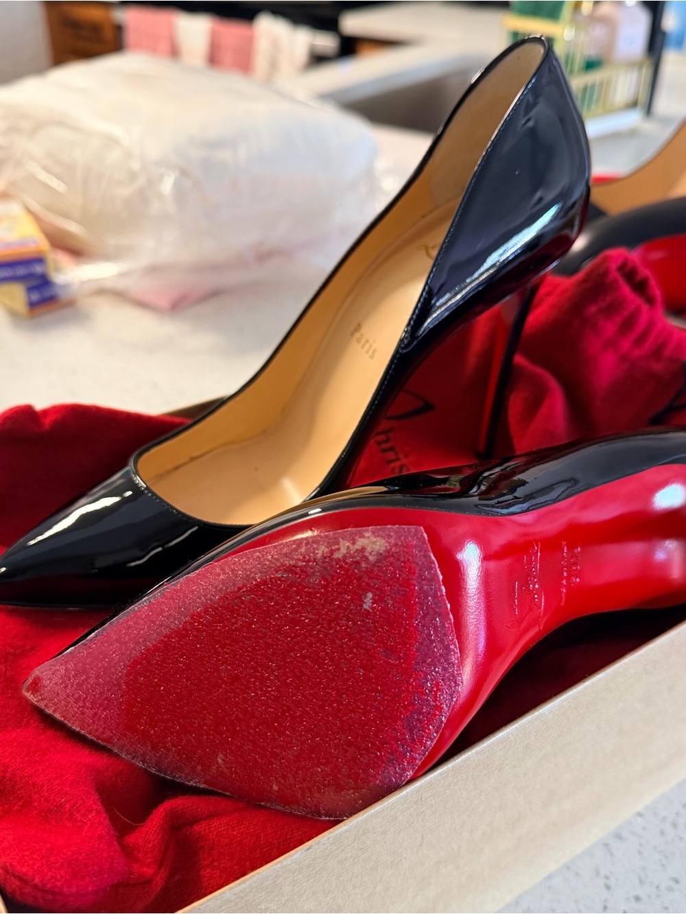 Christian Louboutin Black Patent Red Sole Pointed-Toe Stilettos